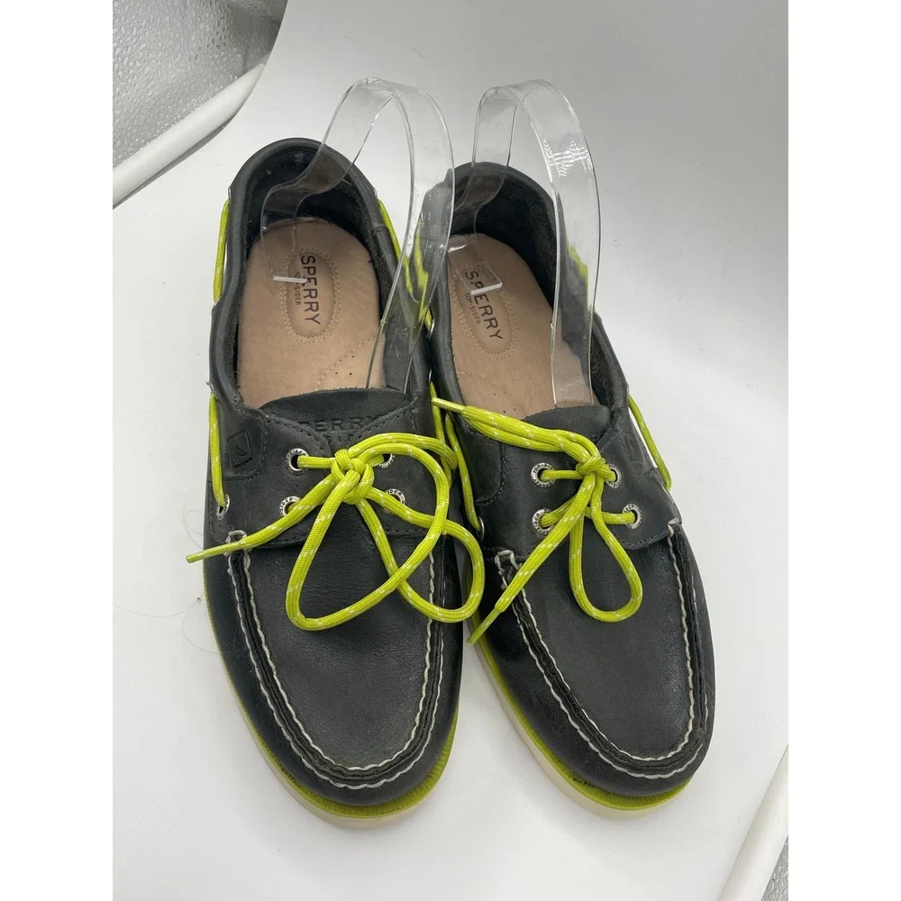 Sperry Top-Sider Mens 8.5M Black Leather Boat Shoes Neon Lime Green 0773028